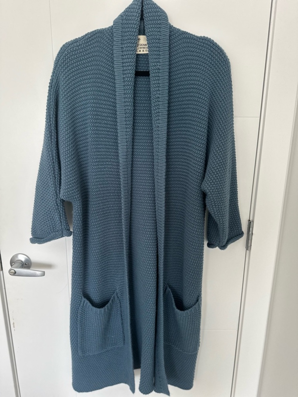 The Skinny Erinn Cardigan Blue Open Front Chunky Knit Duster Sweater Pockets O/S